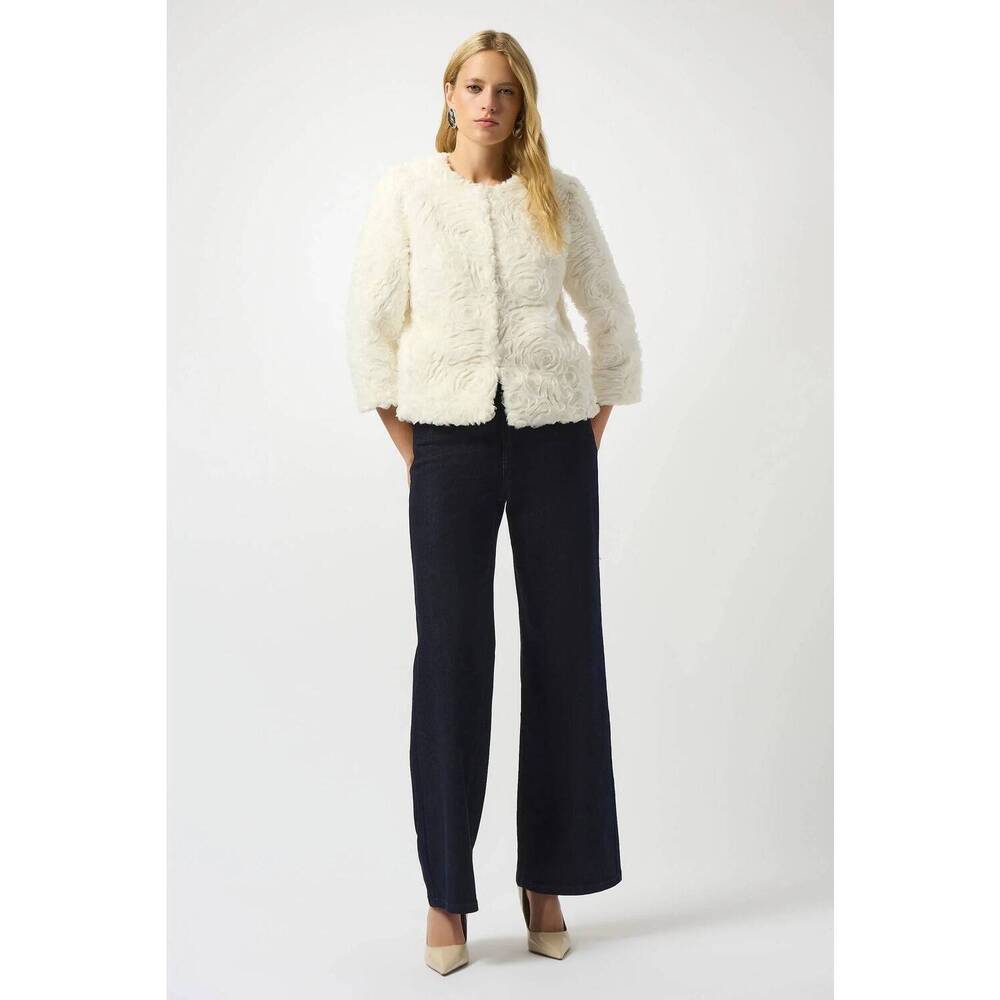 NEW JOSEPH RIBKOFF floral rosette faux fur jacket in vanilla
